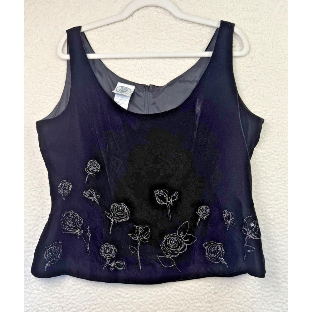Laura Ashley Tank Top Womens 14 Velvet Whimsygoth Floral Embroidered 90s Y2K